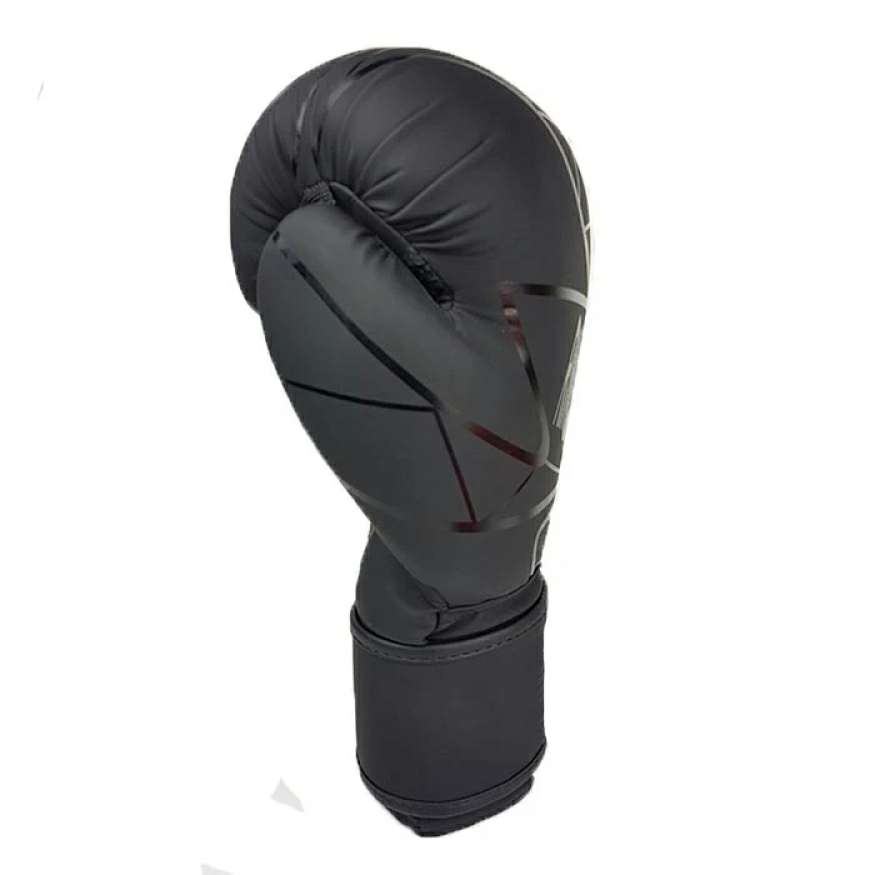 Matte Black Boxing Gloves with Subtle Angular Graphics and Long Wrist Strap